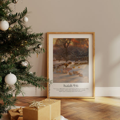 Vintage Artwork and ModernChristian Christmas Framed Print with people ice-skating and the bible verse from Isaiah 9:6: For to us a child is born, to us a son is given, and the government will be on his shoulders. And he will be called Wonderful Counselor, Mighty God, Everlasting Father, Prince of Peace.