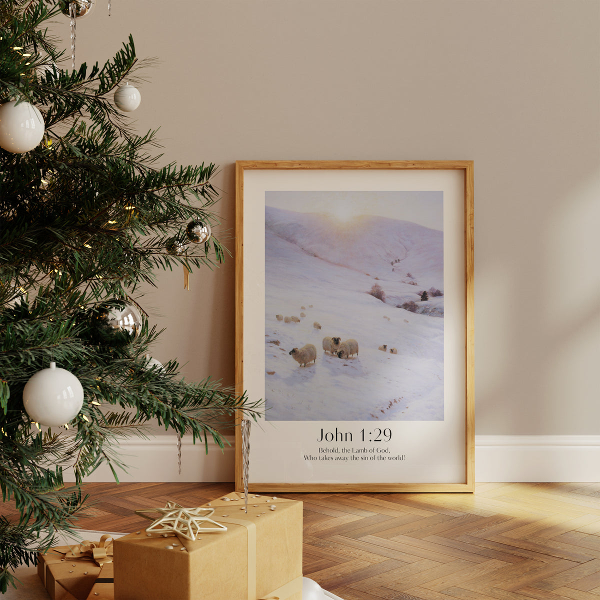 Vintage Christian Christmas Framed Print with people ice-skating and the bible verse from John 1:29: Behold, the lamb of God, Who takes away the sin of the world!