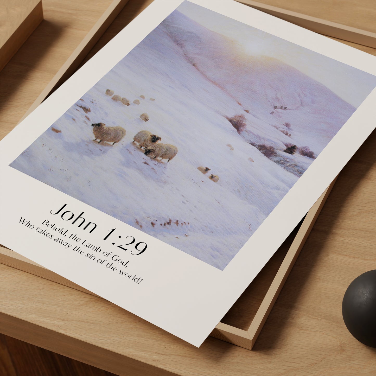 Vintage Christian Christmas Framed Print with people ice-skating and the bible verse from John 1:29: Behold, the lamb of God, Who takes away the sin of the world!
