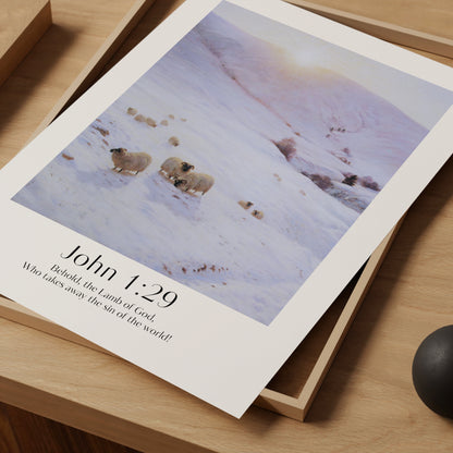Vintage Christian Christmas Framed Print with people ice-skating and the bible verse from John 1:29: Behold, the lamb of God, Who takes away the sin of the world!