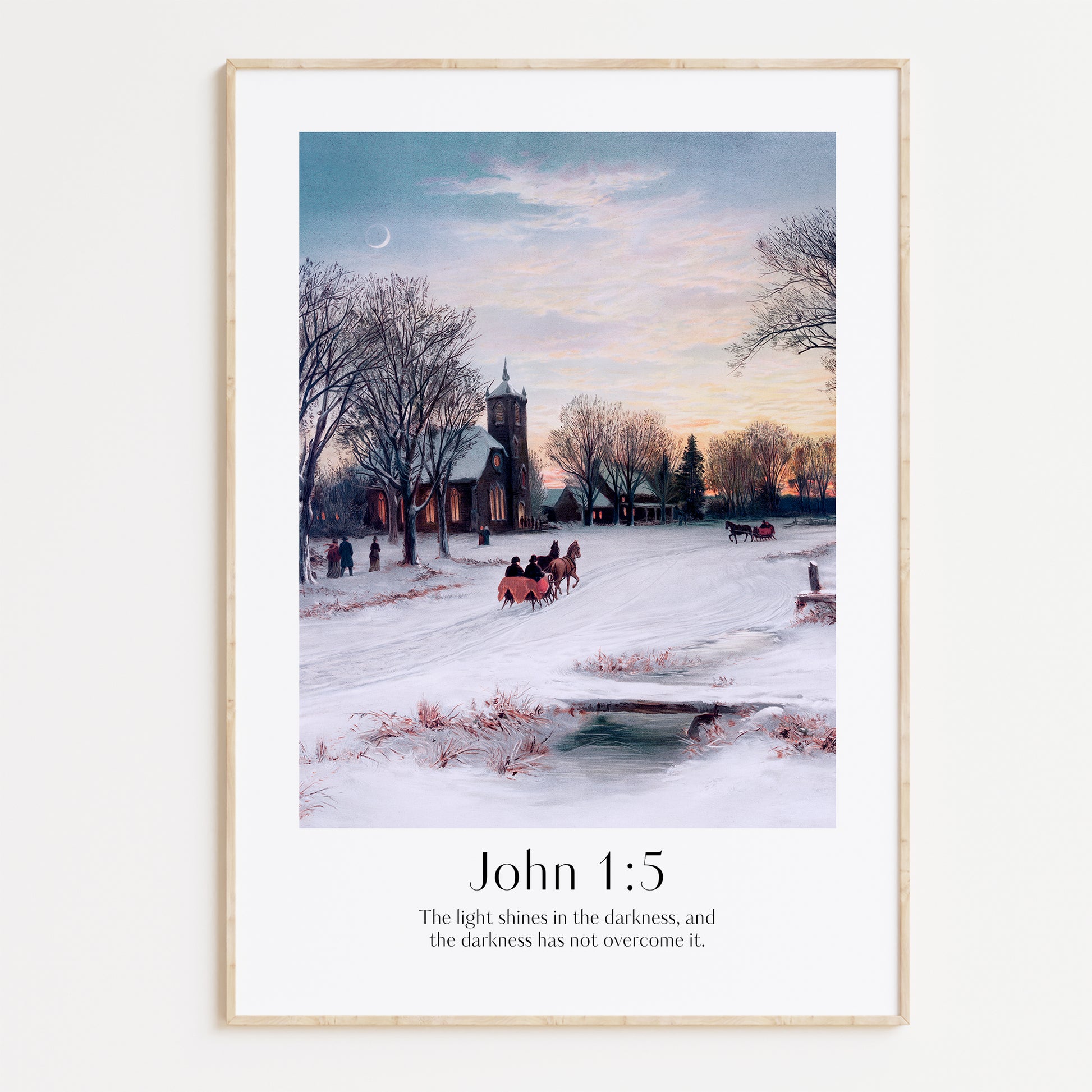 Vintage Christian Christmas Framed Print with people ice-skating and the bible verse from John 1:5: The light shines in the darkness, and the darkness has not overcome it