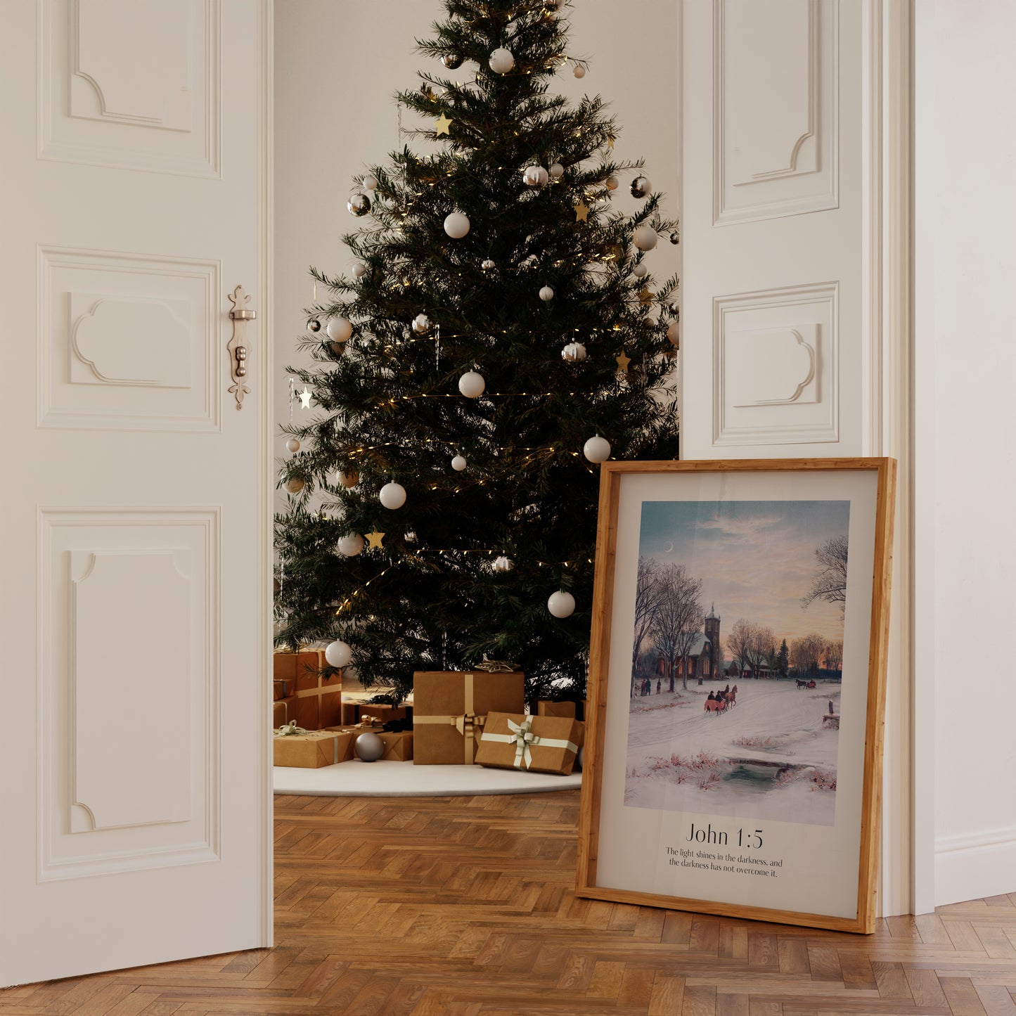 Vintage Christian Christmas Framed Print with people ice-skating and the bible verse from John 1:5: The light shines in the darkness, and the darkness has not overcome it