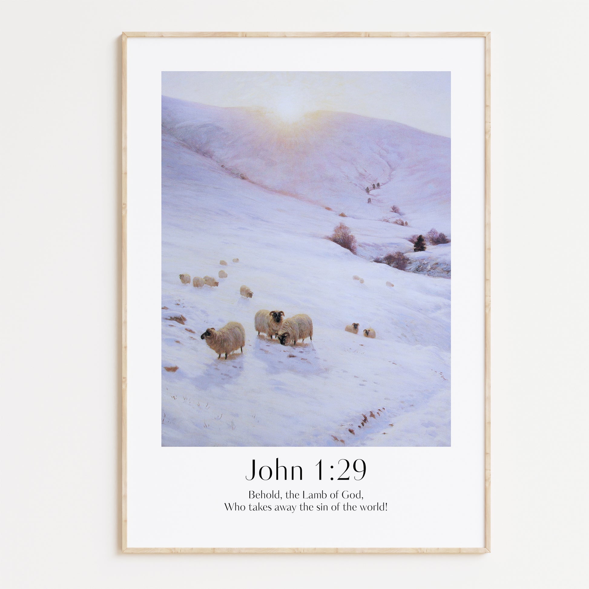 Vintage Christian Christmas Framed Print with people ice-skating and the bible verse from John 1:29: Behold, the lamb of God, Who takes away the sin of the world!