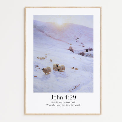 Vintage Christian Christmas Framed Print with people ice-skating and the bible verse from John 1:29: Behold, the lamb of God, Who takes away the sin of the world!