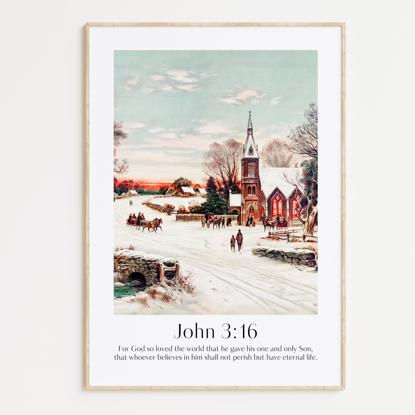 Vintage Christian Christmas Framed Print with people ice-skating and the bible verse from John 3:16: For God so loved the world that he gave his one and only Son, that whoever believes in him shall not perish but have eternal life.