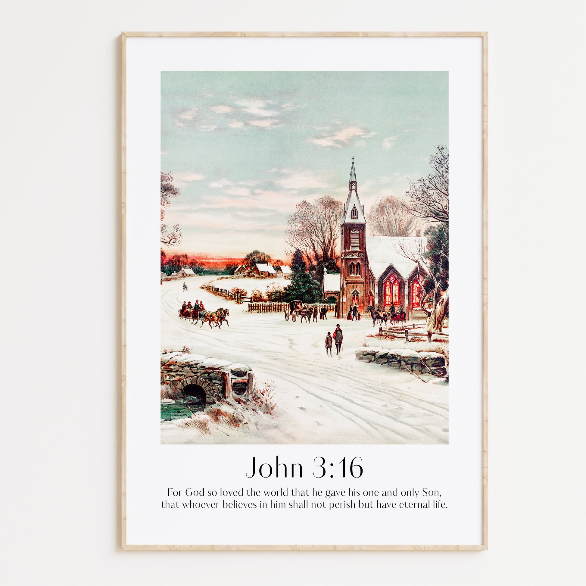 Vintage Christian Christmas Framed Print with people ice-skating and the bible verse from John 3:16: For God so loved the world that he gave his one and only Son, that whoever believes in him shall not perish but have eternal life.