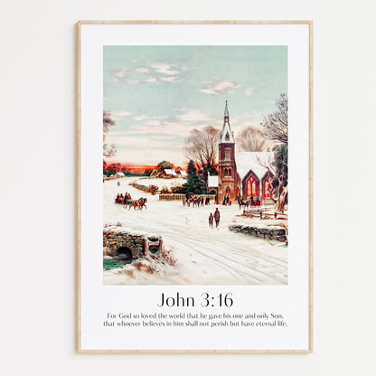 Vintage Christian Christmas Framed Print with people ice-skating and the bible verse from John 3:16: For God so loved the world that he gave his one and only Son, that whoever believes in him shall not perish but have eternal life.