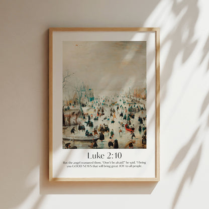 Vintage Christian Christmas Framed Print with people ice-skating and the bible verse from luke 2:10: But the angel reassured them. 'Don't be afraid!' he said. 'I bring you Good News that will bring great Joy to all people.