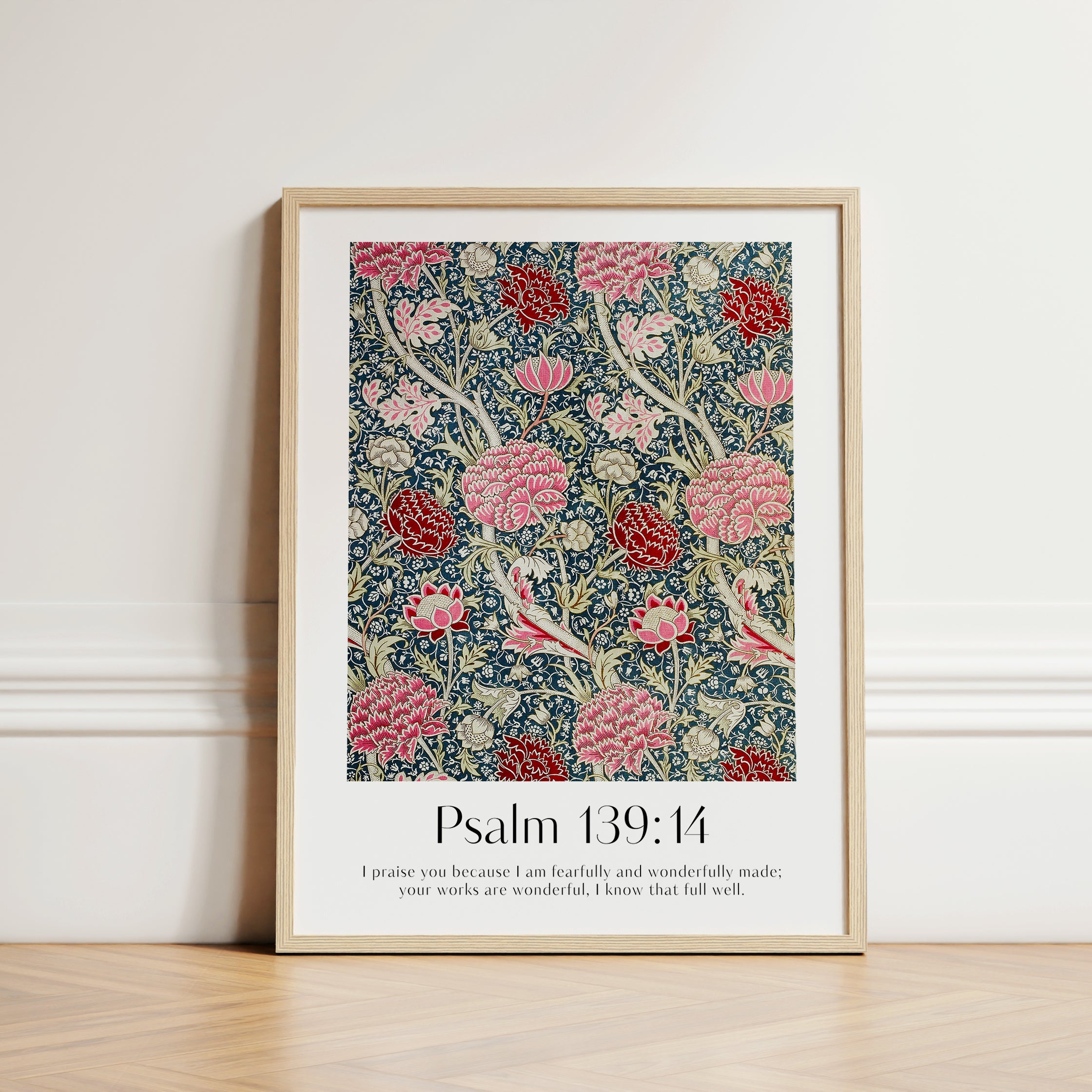 Large Custom Christian Wall Art Framed Print In The Hall With a William Morris Design