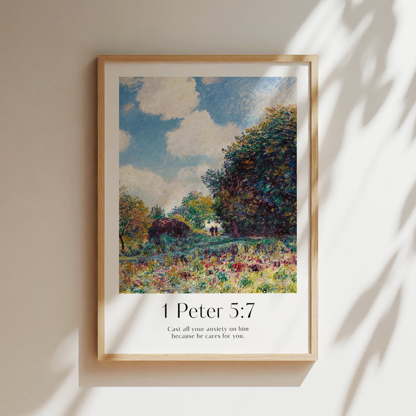 Framed Christian wall art print inspired by Alfred Sisley, showcasing a vibrant outdoor landscape. The artwork features a peaceful grove with two figures walking in the distance under a clear sky, paired with the Bible verse 1 Peter 5:7: "Cast all your anxiety on him because he cares for you." This beautiful piece blends natural beauty with spiritual reassurance, perfect for adding serenity to any room.