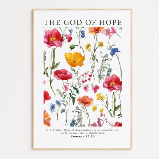 Framed Christian wall art print featuring a beautiful botanical illustration with vibrant flowers. The artwork is paired with the Bible verse from Romans 15:13: "May the God of hope fill you with all joy and peace as you trust in him, so that you may overflow with hope by the power of the Holy Spirit." This piece combines nature's beauty with an uplifting message, making it a perfect addition to any home or prayer space.