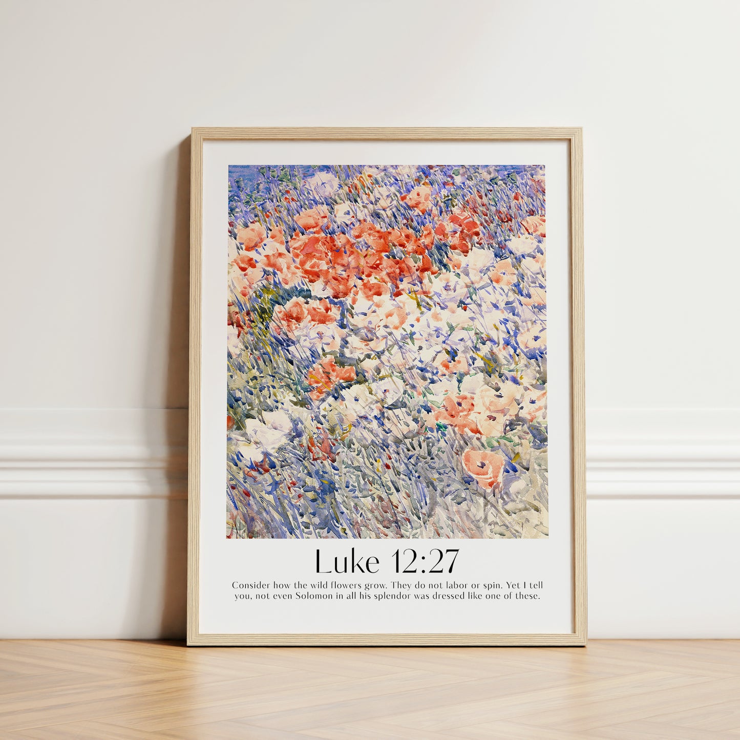 Framed Christian wall art print featuring a vibrant wildflower field inspired by Childe Hassam. Displays the Bible verse Luke 12:27: "Consider how the wild flowers grow. They do not labor or spin. Yet I tell you, not even Solomon in all his splendor was dressed like one of these." This artwork combines impressionist-style florals with reflective scripture, making it a colorful addition to any Christian home. Elegantly framed in light wood, perfect for enhancing living room or hallway decor.