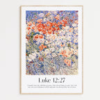 Framed Christian wall art print featuring a vibrant wildflower field inspired by Childe Hassam. Displays the Bible verse Luke 12:27: "Consider how the wild flowers grow. They do not labor or spin. Yet I tell you, not even Solomon in all his splendor was dressed like one of these." This artwork combines impressionist-style florals with reflective scripture, making it a colorful addition to any Christian home. Elegantly framed in light wood, perfect for enhancing living room or hallway decor.