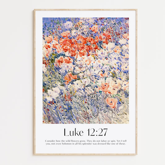 Framed Christian wall art print featuring a vibrant wildflower field inspired by Childe Hassam. Displays the Bible verse Luke 12:27: "Consider how the wild flowers grow. They do not labor or spin. Yet I tell you, not even Solomon in all his splendor was dressed like one of these." This artwork combines impressionist-style florals with reflective scripture, making it a colorful addition to any Christian home. Elegantly framed in light wood, perfect for enhancing living room or hallway decor.