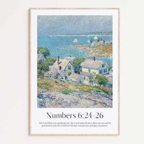 Framed Christian wall art print featuring a serene coastal village scene inspired by Childe Hassam. Displays the Bible verse Numbers 6:24-26: "The Lord bless you and keep you; the Lord make his face shine on you and be gracious to you; the Lord turn his face toward you and give you peace." This artwork blends impressionist-style scenery with a comforting scripture, making it a peaceful addition to any Christian home. Elegantly framed in light wood, perfect for enhancing living room or bedroom decor.
