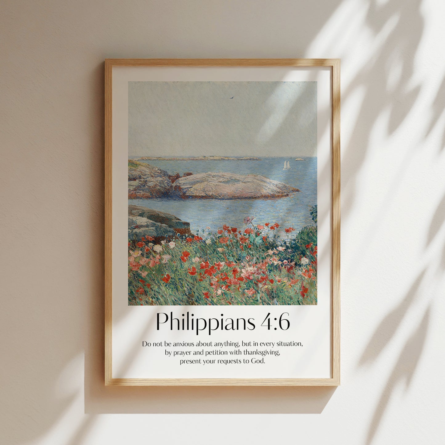 Framed Christian wall art print featuring a serene coastal landscape inspired by Childe Hassam. Displays the Bible verse Philippians 4:6: "Do not be anxious about anything, but in every situation, by prayer and petition with thanksgiving, present your requests to God." This artwork blends impressionist-style scenery with comforting scripture, making it a peaceful addition to any Christian home. Elegantly framed in light wood, ideal for enhancing living room or bedroom decor.