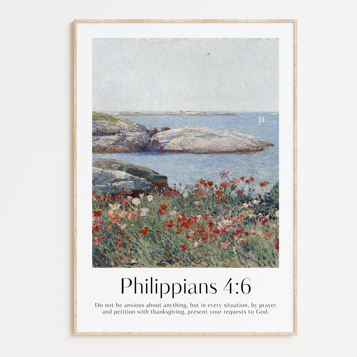 Framed Christian wall art print featuring a serene coastal landscape inspired by Childe Hassam. Displays the Bible verse Philippians 4:6: "Do not be anxious about anything, but in every situation, by prayer and petition with thanksgiving, present your requests to God." This artwork blends impressionist-style scenery with comforting scripture, making it a peaceful addition to any Christian home. Elegantly framed in light wood, ideal for enhancing living room or bedroom decor.