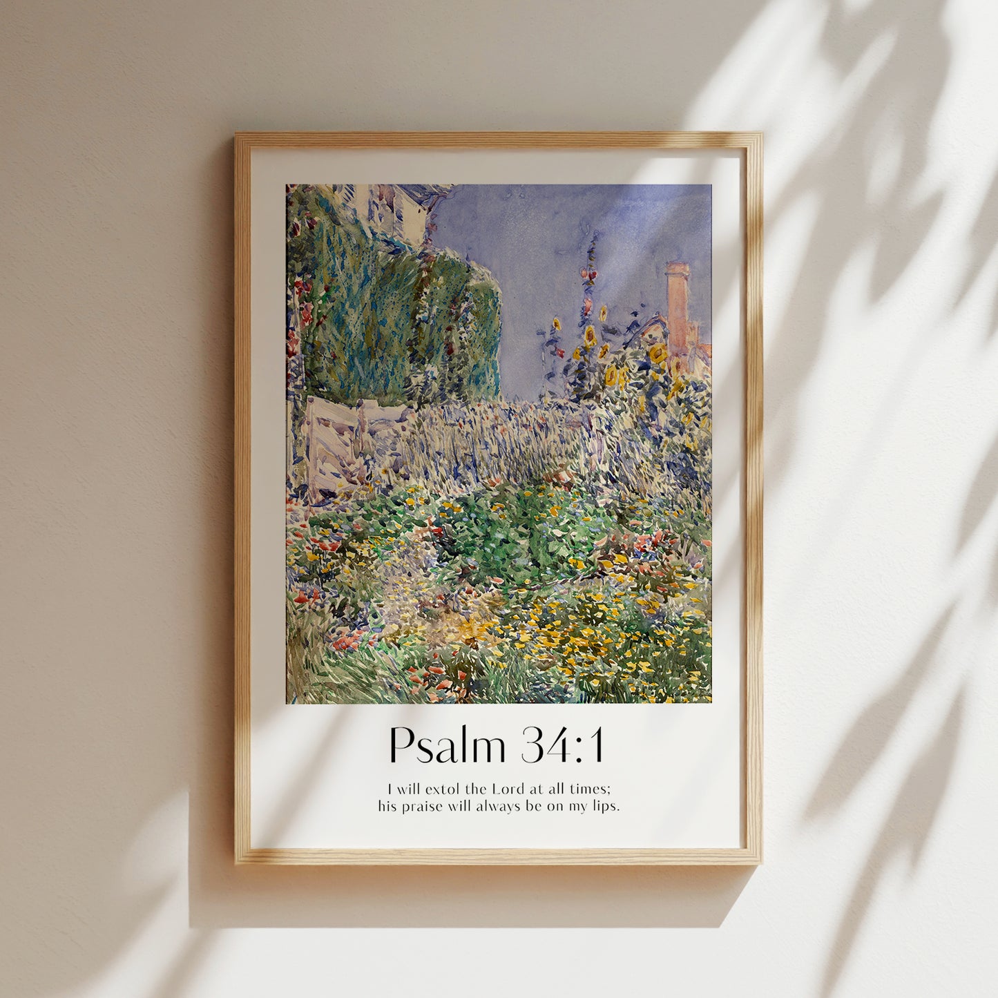 Framed Christian wall art print featuring a vibrant garden scene inspired by Childe Hassam. Displays the Bible verse Psalm 34:1: "I will extol the Lord at all times; his praise will always be on my lips." This artwork combines impressionist-style florals with uplifting scripture, making it a joyful addition to any Christian home. Elegantly framed in light wood, perfect for enhancing living room or kitchen decor.