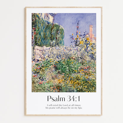 Framed Christian wall art print featuring a vibrant garden scene inspired by Childe Hassam. Displays the Bible verse Psalm 34:1: "I will extol the Lord at all times; his praise will always be on my lips." This artwork combines impressionist-style florals with uplifting scripture, making it a joyful addition to any Christian home. Elegantly framed in light wood, perfect for enhancing living room or kitchen decor.