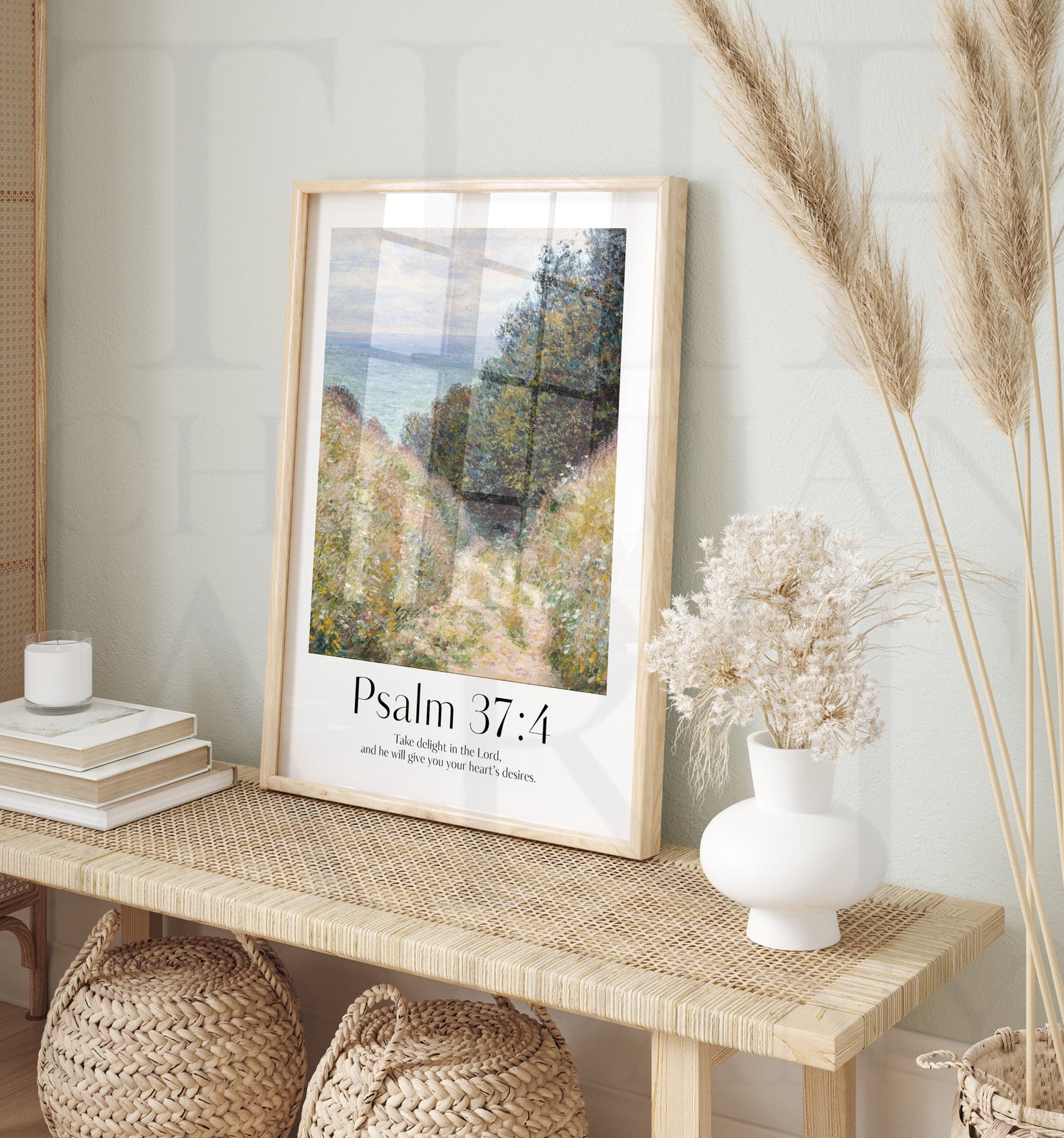 Framed Christian wall art print inspired by Claude Monet, featuring a peaceful coastal path scene with lush greenery and the sea in the background. The painting is paired with the Bible verse Psalm 37:4: "Take delight in the Lord, and he will give you your heart’s desires." This artwork combines nature’s beauty with a spiritual message, perfect for uplifting any space.