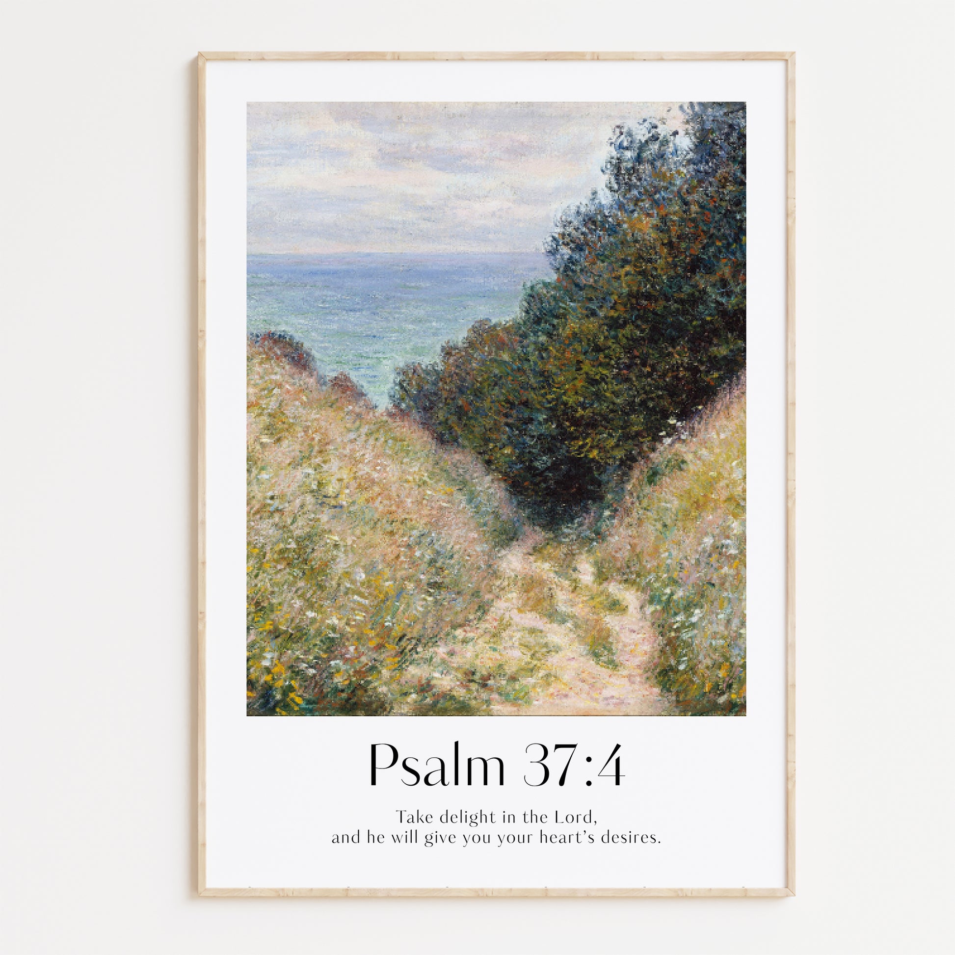 Enhance your home with this stunning Claude Monet-inspired print, paired with the encouraging words of Psalm 37:4: "Take delight in the Lord, and he will give you your heart’s desires." This tranquil coastal path scene invites a sense of peace and spiritual reflection, making it a wonderful addition to your home or a heartfelt gift.