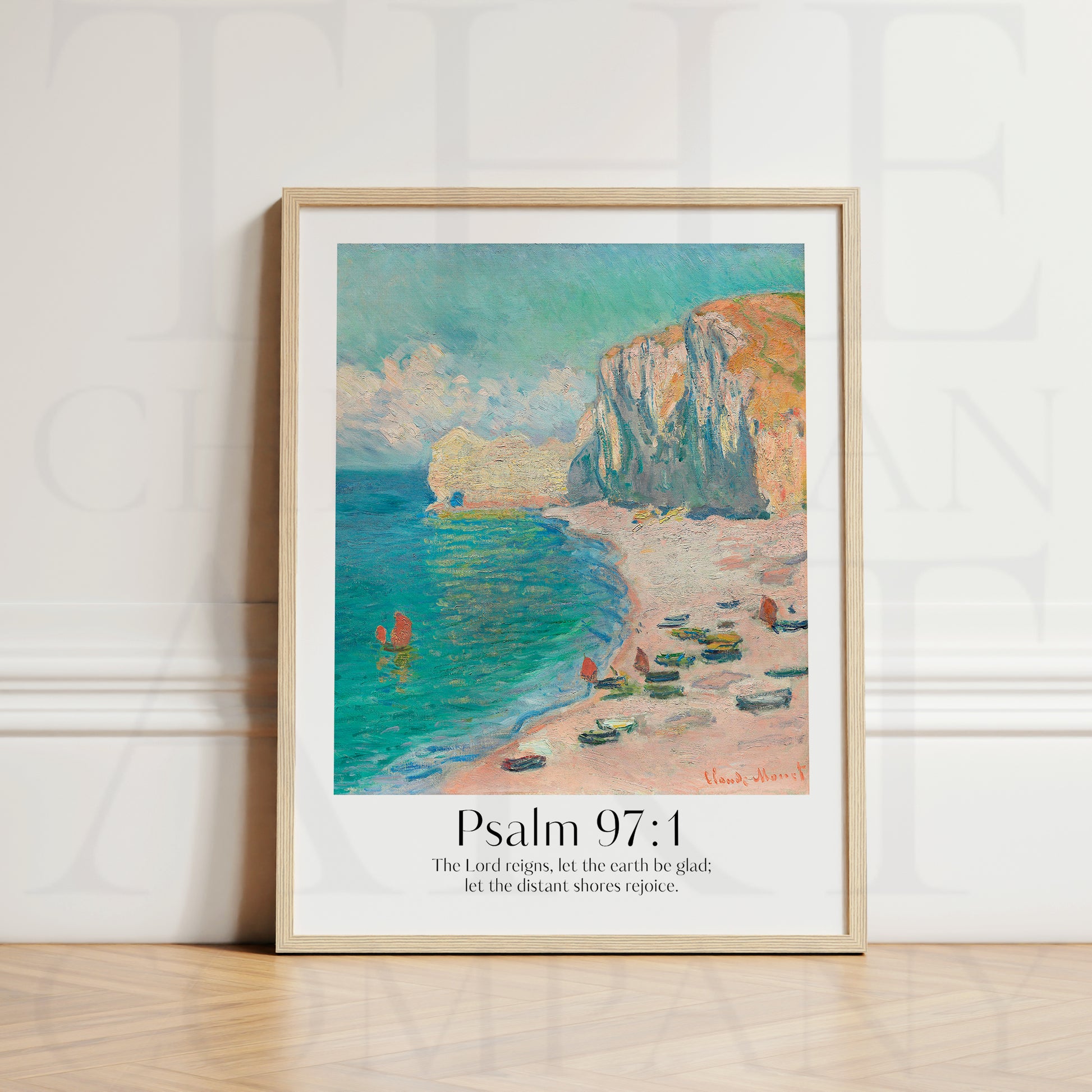 Framed Christian wall art print inspired by Claude Monet, showcasing a beautiful beach scene with vibrant cliffs and a tranquil shoreline. The artwork is paired with the Bible verse Psalm 97:1: "The Lord reigns, let the earth be glad; let the distant shores rejoice." This piece blends the calming essence of nature with spiritual inspiration, perfect for any room.