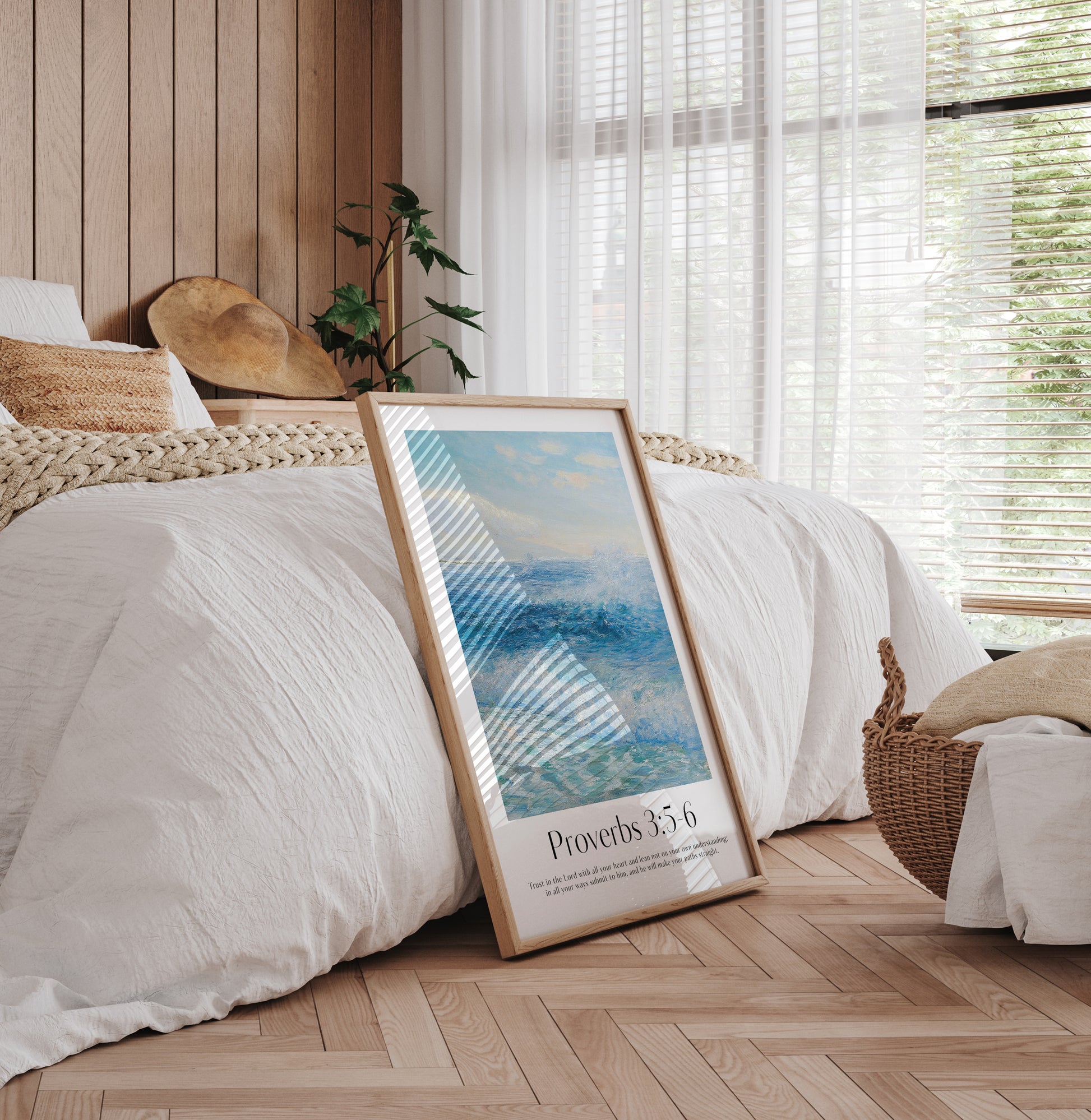 Framed Christian wall art print featuring a dynamic ocean scene inspired by the style of Clement. Displays the Bible verse Proverbs 3:5-6: "Trust in the Lord with all your heart and lean not on your own understanding; in all your ways submit to him, and he will make your paths straight." This artwork blends a powerful seascape with encouraging scripture, making it a striking addition to any Christian home. Elegantly framed in light wood, perfect for enhancing living room or office decor.