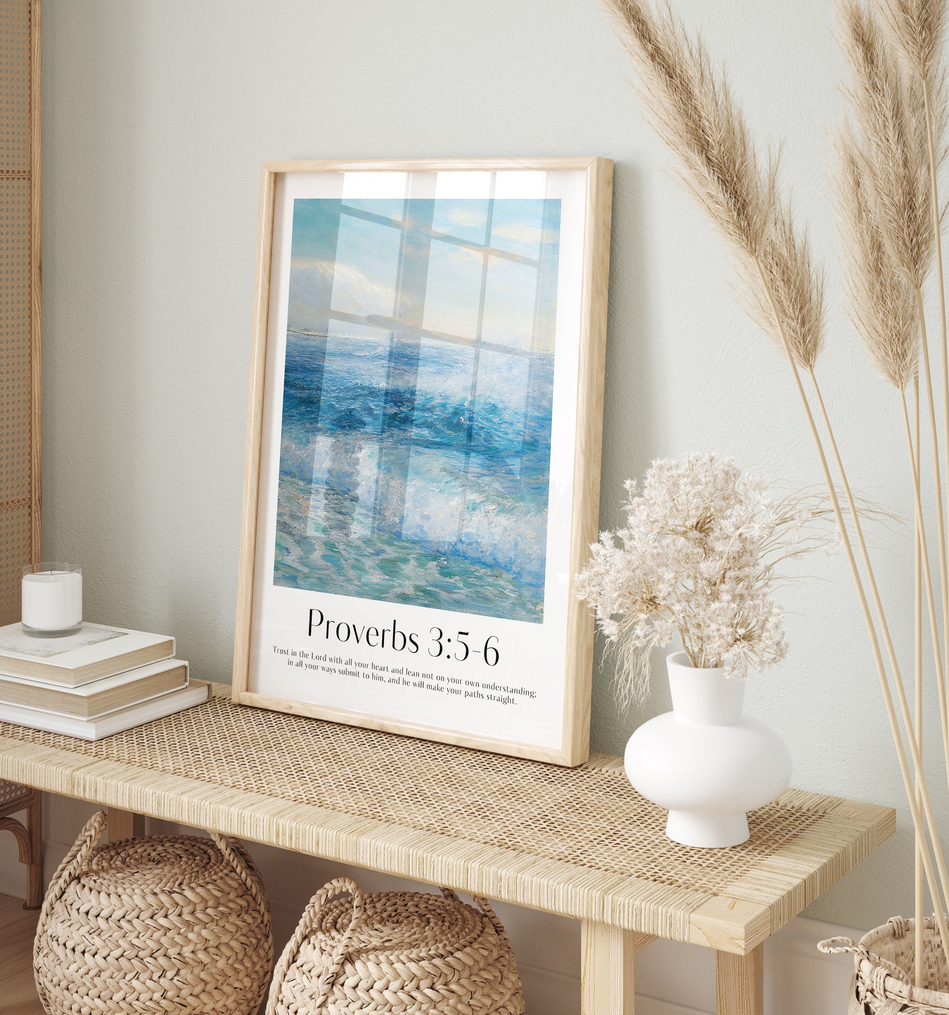 Framed Christian wall art print featuring a dynamic ocean scene inspired by the style of Clement. Displays the Bible verse Proverbs 3:5-6: "Trust in the Lord with all your heart and lean not on your own understanding; in all your ways submit to him, and he will make your paths straight." This artwork blends a powerful seascape with encouraging scripture, making it a striking addition to any Christian home. Elegantly framed in light wood, perfect for enhancing living room or office decor.