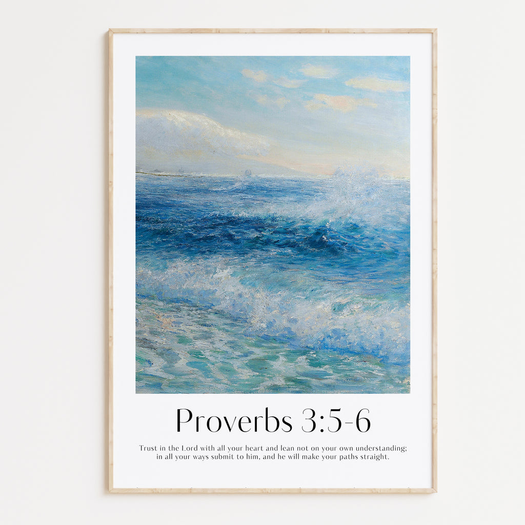 Framed Christian wall art print featuring a dynamic ocean scene inspired by the style of Clement. Displays the Bible verse Proverbs 3:5-6: "Trust in the Lord with all your heart and lean not on your own understanding; in all your ways submit to him, and he will make your paths straight." This artwork blends a powerful seascape with encouraging scripture, making it a striking addition to any Christian home. Elegantly framed in light wood, perfect for enhancing living room or office decor.