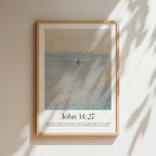 Framed Christian wall art print featuring a serene seascape inspired by Menci Clement. Displays the Bible verse John 14:27: "Peace I leave with you; my peace I give you. I do not give to you as the world gives. Do not let your hearts be troubled and do not be afraid." This artwork combines a peaceful ocean scene with comforting scripture, making it a tranquil addition to any Christian home. Elegantly framed in light wood, perfect for enhancing bedroom or prayer space decor.