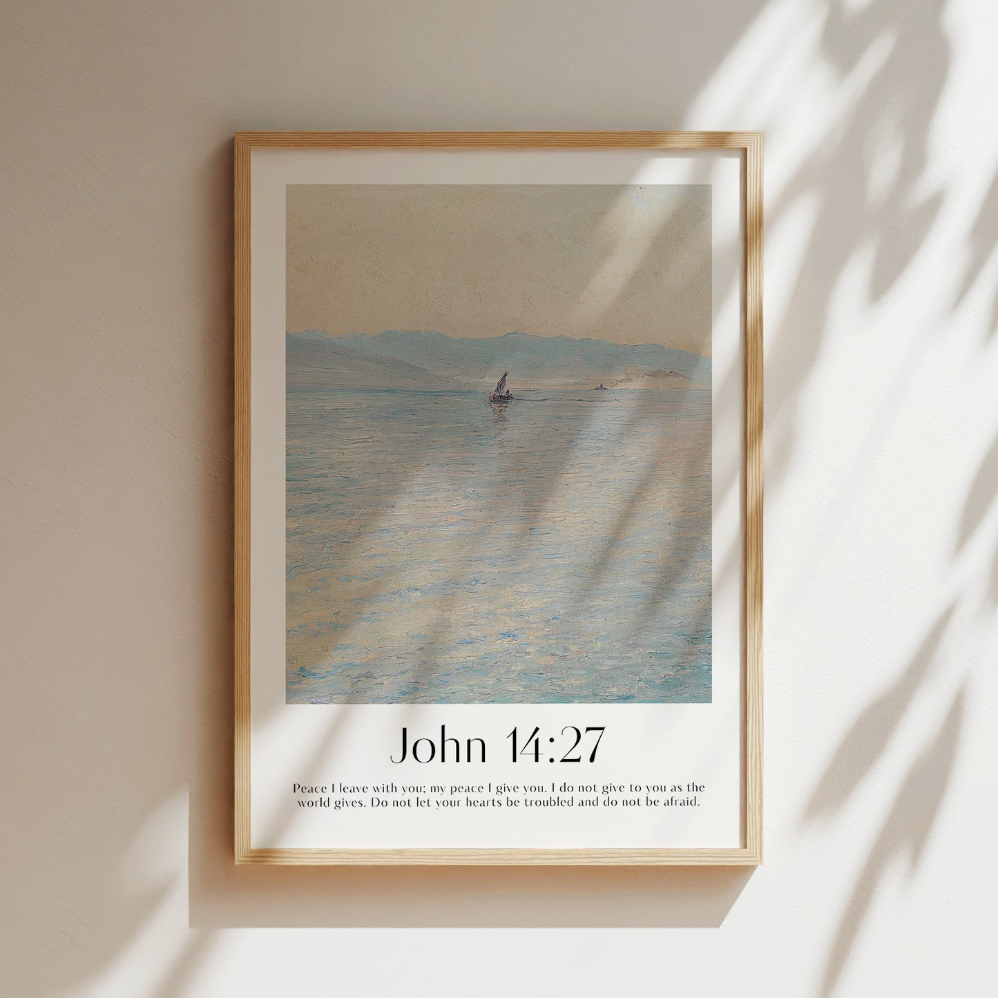 Framed Christian wall art print featuring a serene seascape inspired by Menci Clement. Displays the Bible verse John 14:27: "Peace I leave with you; my peace I give you. I do not give to you as the world gives. Do not let your hearts be troubled and do not be afraid." This artwork combines a peaceful ocean scene with comforting scripture, making it a tranquil addition to any Christian home. Elegantly framed in light wood, perfect for enhancing bedroom or prayer space decor.