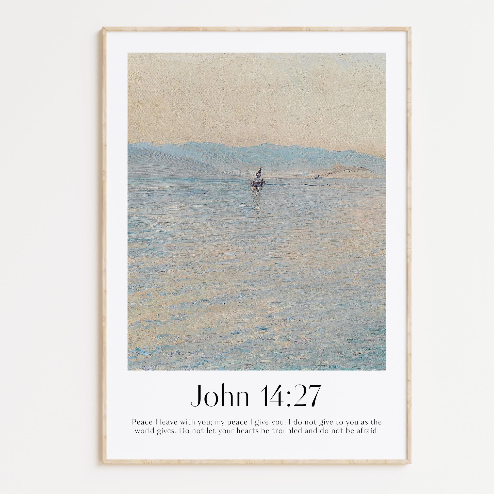 Framed Christian wall art print featuring a serene seascape inspired by Menci Clement. Displays the Bible verse John 14:27: "Peace I leave with you; my peace I give you. I do not give to you as the world gives. Do not let your hearts be troubled and do not be afraid." This artwork combines a peaceful ocean scene with comforting scripture, making it a tranquil addition to any Christian home. Elegantly framed in light wood, perfect for enhancing bedroom or prayer space decor.