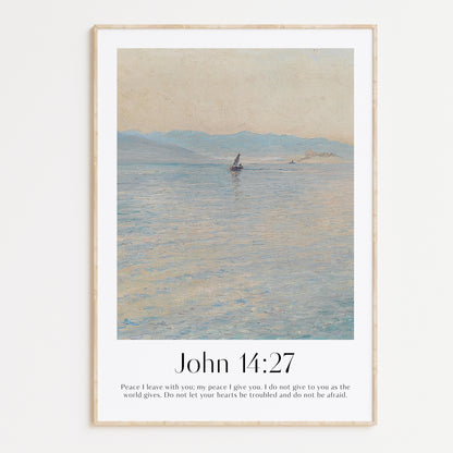 Framed Christian wall art print featuring a serene seascape inspired by Menci Clement. Displays the Bible verse John 14:27: "Peace I leave with you; my peace I give you. I do not give to you as the world gives. Do not let your hearts be troubled and do not be afraid." This artwork combines a peaceful ocean scene with comforting scripture, making it a tranquil addition to any Christian home. Elegantly framed in light wood, perfect for enhancing bedroom or prayer space decor.