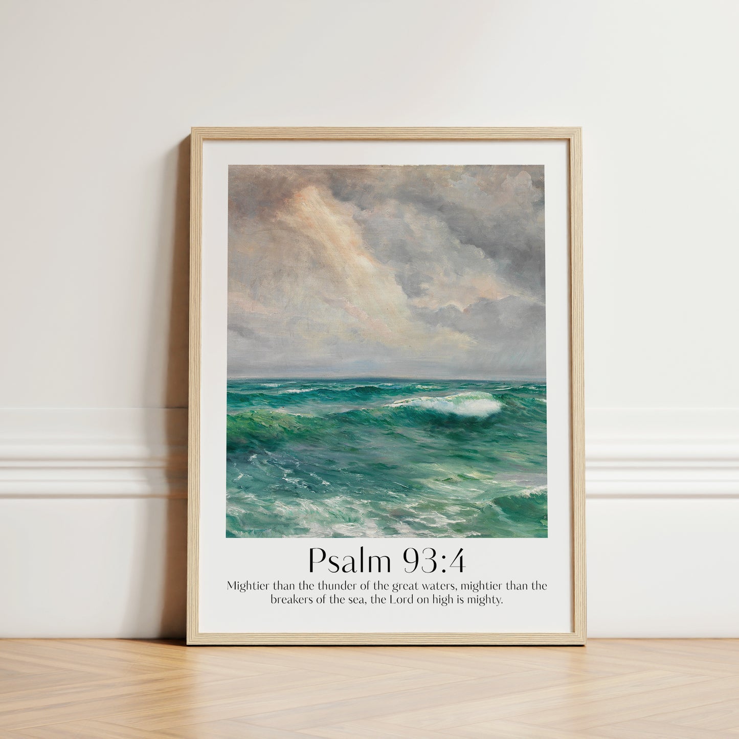 Framed Christian wall art print featuring a powerful seascape inspired by Menci Clement. The artwork captures the majesty of the ocean with tumultuous waves under a dramatic sky, paired with the Bible verse Psalm 93:4: "Mightier than the thunder of the great waters, mightier than the breakers of the sea, the Lord on high is mighty." This piece combines the raw beauty of nature with spiritual reflection, making it an impactful addition to any home or prayer space.