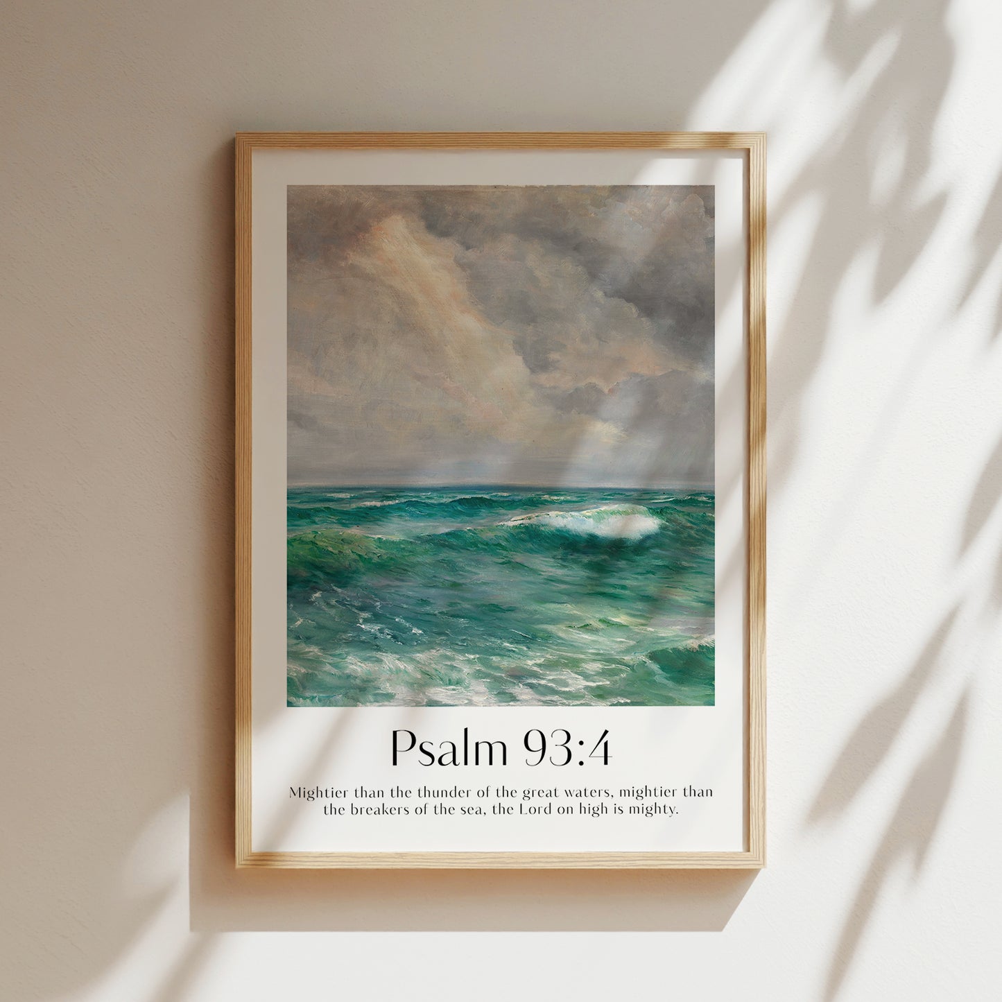 Framed Christian wall art print featuring a powerful seascape inspired by Menci Clement. The artwork captures the majesty of the ocean with tumultuous waves under a dramatic sky, paired with the Bible verse Psalm 93:4: "Mightier than the thunder of the great waters, mightier than the breakers of the sea, the Lord on high is mighty." This piece combines the raw beauty of nature with spiritual reflection, making it an impactful addition to any home or prayer space.