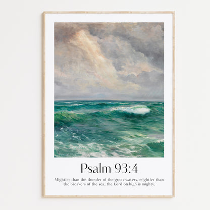 Framed Christian wall art print featuring a powerful seascape inspired by Menci Clement. The artwork captures the majesty of the ocean with tumultuous waves under a dramatic sky, paired with the Bible verse Psalm 93:4: "Mightier than the thunder of the great waters, mightier than the breakers of the sea, the Lord on high is mighty." This piece combines the raw beauty of nature with spiritual reflection, making it an impactful addition to any home or prayer space.