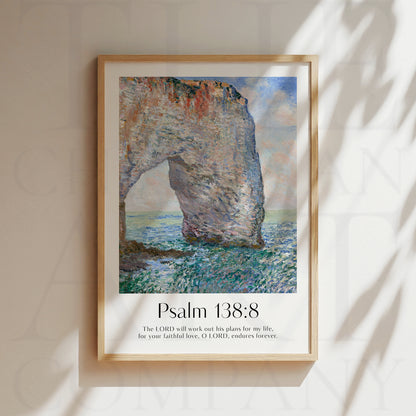 Framed Christian wall art print featuring a coastal rock formation inspired by Claude Monet. Displays the Bible verse Psalm 138:8: "The LORD will work out his plans for my life, for your faithful love, O LORD, endures forever." This artwork combines impressionist-style scenery with uplifting scripture, making it a striking addition to any Christian home. Elegantly framed in light wood, ideal for enhancing living room or office decor.