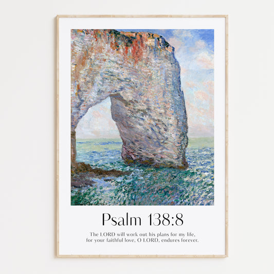 Framed Christian wall art print featuring a coastal rock formation inspired by Claude Monet. Displays the Bible verse Psalm 138:8: "The LORD will work out his plans for my life, for your faithful love, O LORD, endures forever." This artwork combines impressionist-style scenery with uplifting scripture, making it a striking addition to any Christian home. Elegantly framed in light wood, ideal for enhancing living room or office decor.