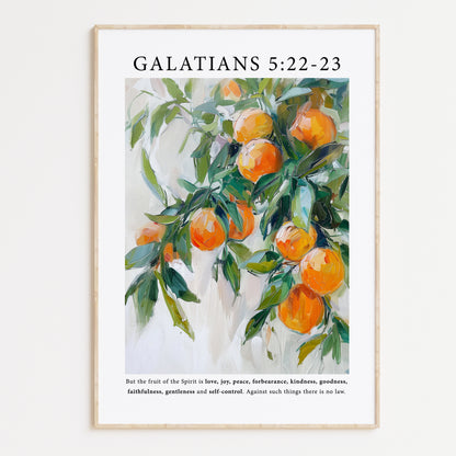 Framed Christian wall art print featuring an acrylic painting of orange branches with ripe fruit. The artwork is paired with the Bible verse Galatians 5:22-23: "But the fruit of the Spirit is love, joy, peace, forbearance, kindness, goodness, faithfulness, gentleness, and self-control. Against such things, there is no law." This piece combines vibrant botanical imagery with a powerful scripture, making it ideal for any home or prayer space.