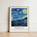 A framed art print of a stylized Starry Night-inspired landscape with the text 'Psalm 8:3-4' and a short Bible verse below, leaning against a white wall on a light wood floor.