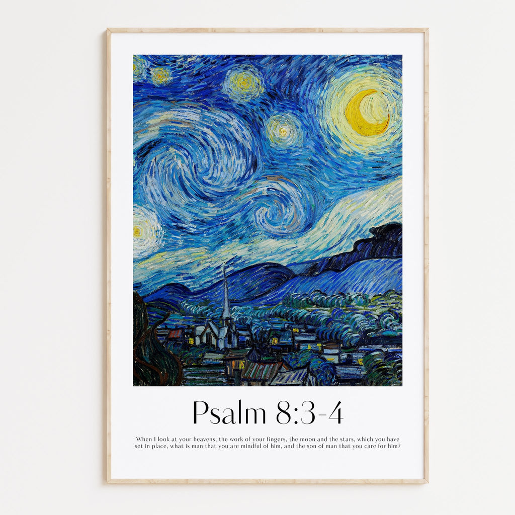 A framed art print featuring a stylized version of Van Gogh's Starry Night with a yellow crescent moon and swirling blue sky, above a landscape village scene. Below the artwork, the text reads 'Psalm 8:3-4' with a short biblical verse underneath, all set in a light wood frame against a white wall.
