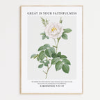 Vintage-style framed wall art showcasing an illustration of flowers with the ‘Great Is Your Faithfulness’ Lamentations bible verse for Christian Home Decor