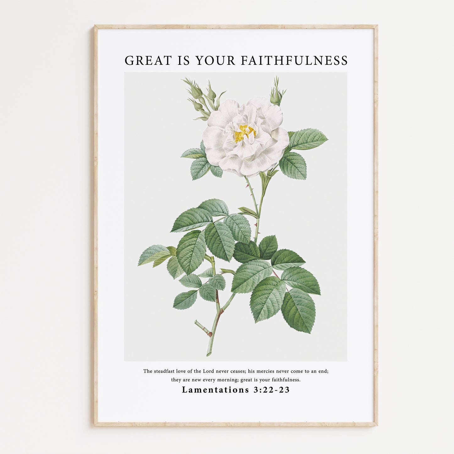 Vintage-style framed wall art showcasing an illustration of flowers with the ‘Great Is Your Faithfulness’ Lamentations bible verse for Christian Home Decor