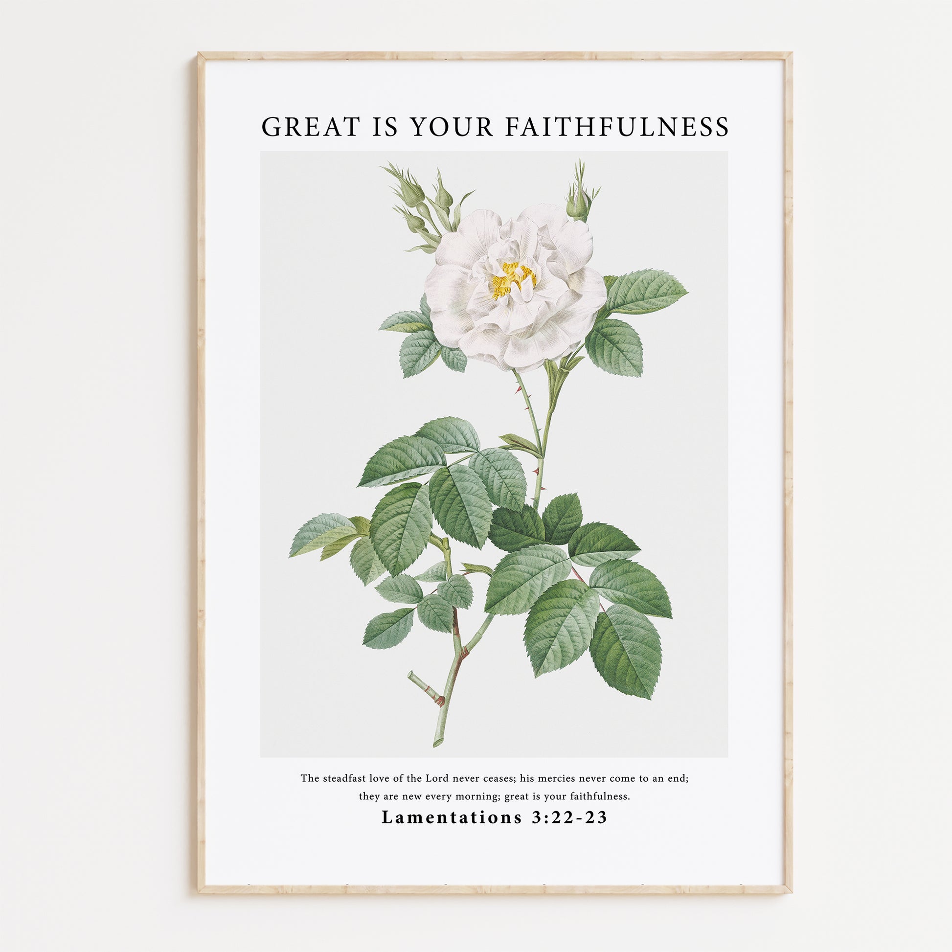 Vintage-style framed wall art showcasing an illustration of flowers with the ‘Great Is Your Faithfulness’ Lamentations bible verse for Christian Home Decor