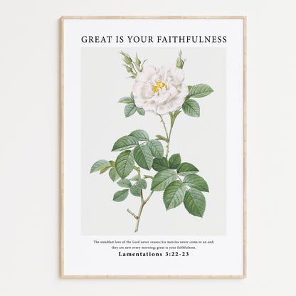 Vintage-style framed wall art showcasing an illustration of flowers with the ‘Great Is Your Faithfulness’ Lamentations bible verse for Christian Home Decor