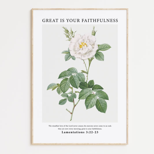 Vintage-style framed wall art showcasing an illustration of flowers with the ‘Great Is Your Faithfulness’ Lamentations bible verse for Christian Home Decor