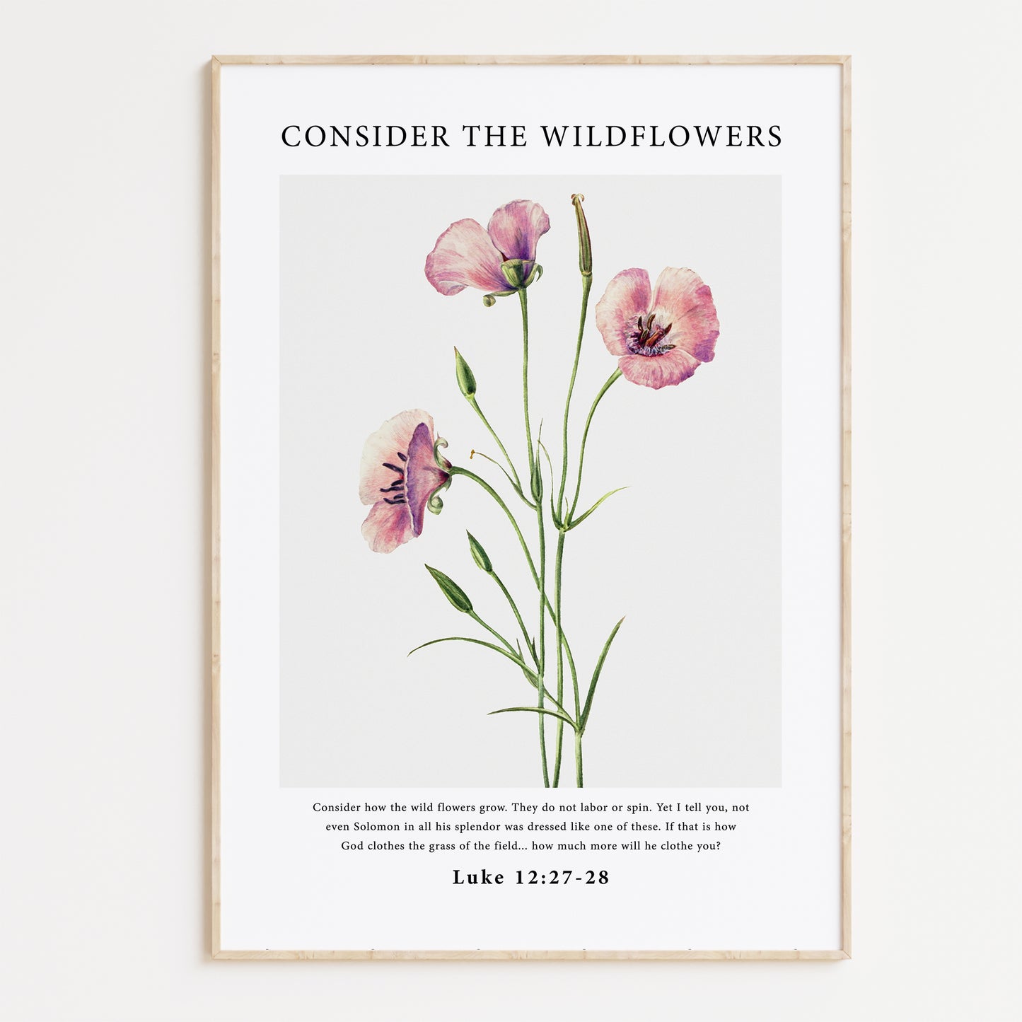 Vintage-style framed wall art showcasing an illustration of flowers with the ‘do not worry’ bible verse for Christian Home Decor