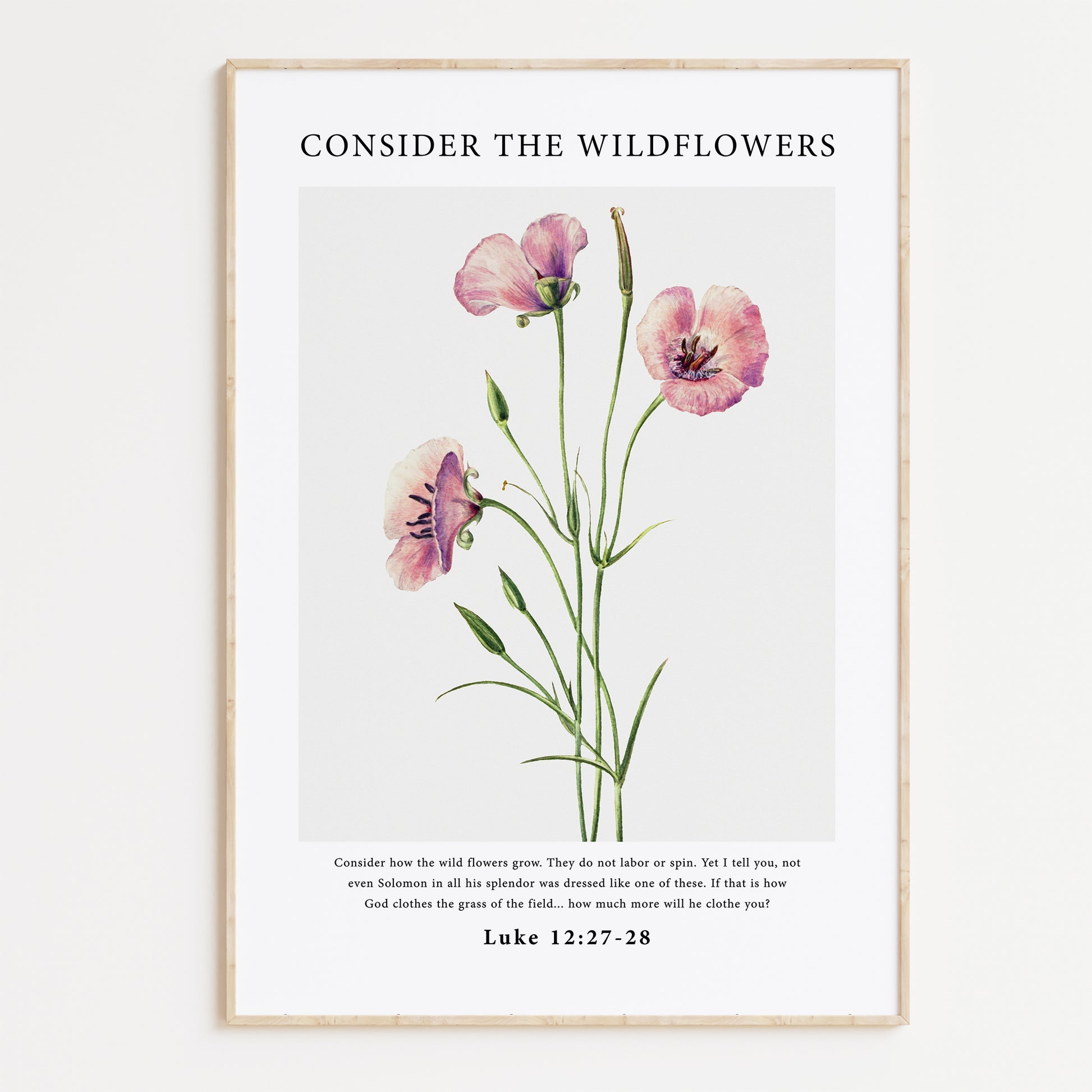 Vintage-style framed wall art showcasing an illustration of flowers with the ‘do not worry’ bible verse for Christian Home Decor