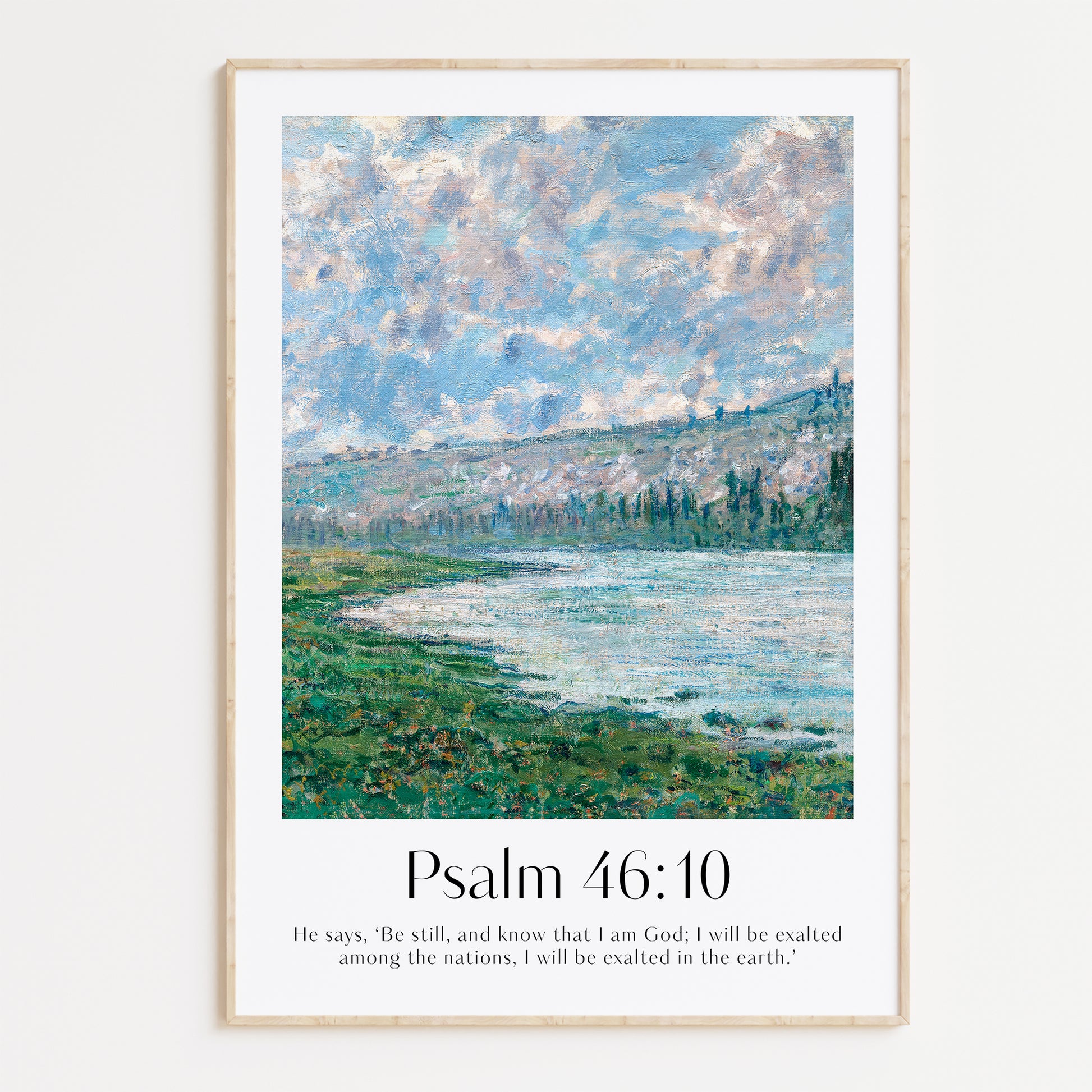 Vintage-style framed wall art showcasing a Monet painting of a landscape with the ‘Be Still’ bible verse for Christian Home Decor