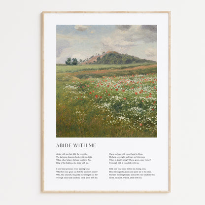 Framed Christian wall art print featuring a vintage-style landscape of a peaceful meadow filled with wildflowers. The artwork is paired with the comforting lyrics of the hymn "Abide With Me," offering words of solace and divine presence. This piece combines serene natural beauty with spiritual reflection, making it an ideal addition to any home or prayer space.